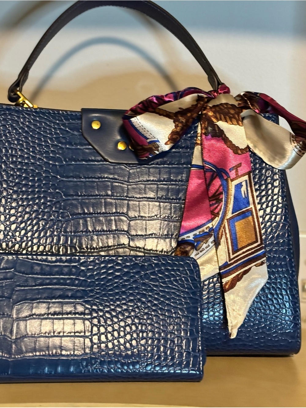 Croc-Embossed Navy Satchel with Scarf Accent